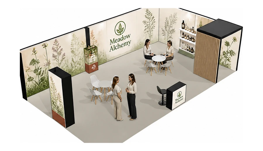 Stoisko 10 × 6 m narożne prawe dla branży kosmetyki naturalne, przykładowa marka Meadow Alchemy