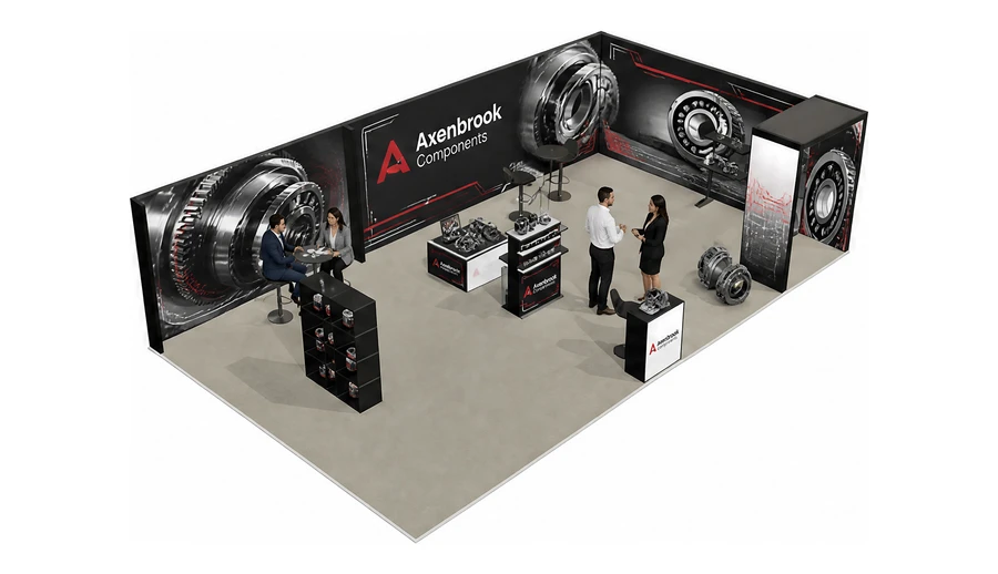 Stoisko 10 × 6 m narożne prawe dla branży części motoryzacyjne, przykładowa marka Axenbrook Components
