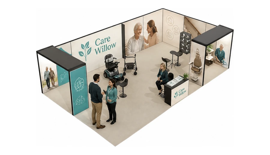 Stoisko 10 × 6 m narożne prawe dla branży opieka senioralna, przykładowa marka Care Willow