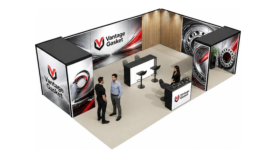 Stoisko 10 × 6 m narożne prawe dla branży części motoryzacyjne, przykładowa marka Vantage Gasket