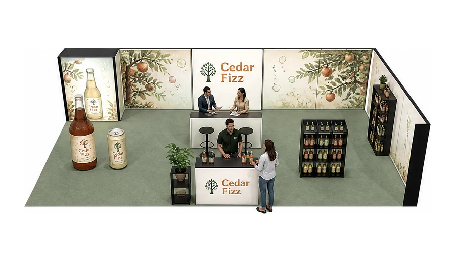 Stoisko 10 × 6 m narożne prawe dla branży napoje, przykładowa marka Cedar Fizz