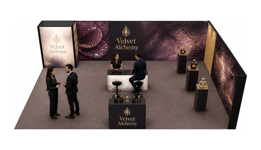 Stoisko 10 × 6 m narożne prawe dla branży perfumy, przykładowa marka Velvet Alchemy