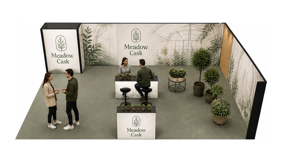 Stoisko 10 × 6 m narożne prawe dla branży rośliny i kwiaciarstwo, przykładowa marka Meadow Cask