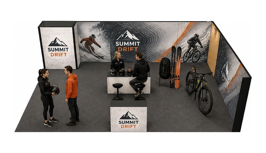 Stoisko 10 × 6 m narożne prawe dla branży sprzęt sportowy, przykładowa marka Summit Drift