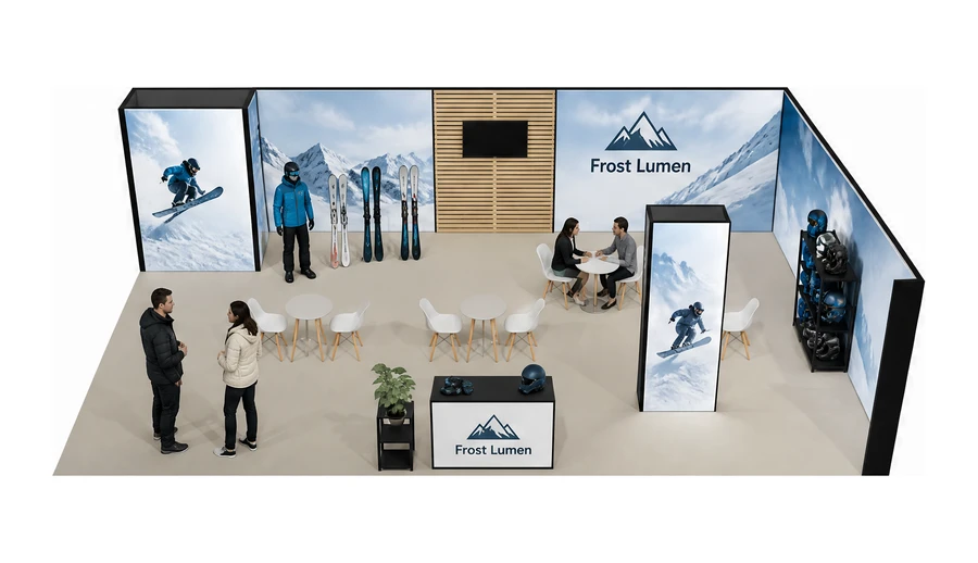 Stoisko 10 × 6 m narożne prawe dla branży narciarstwo i sporty zimowe, przykładowa marka Frost Lumen