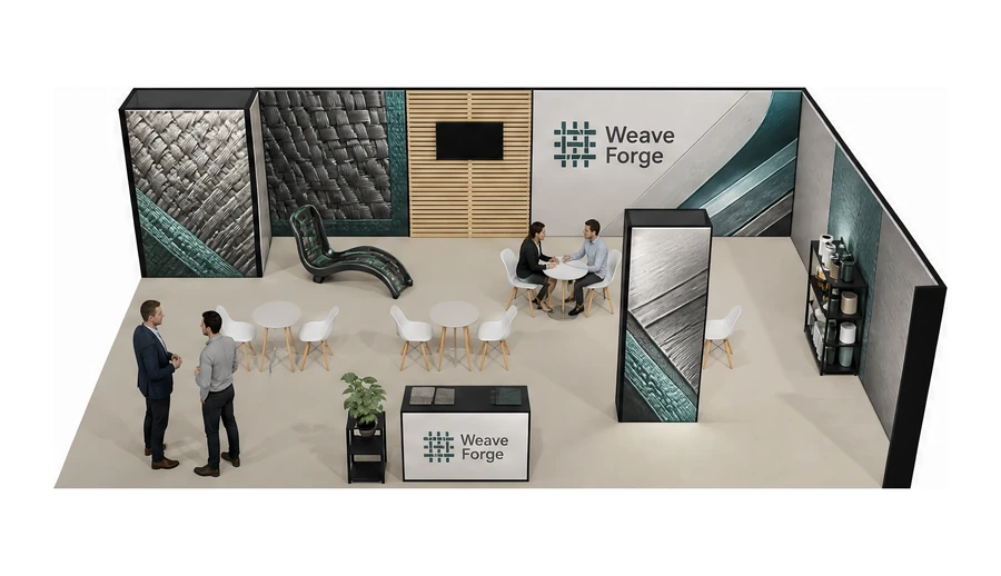 Stoisko 10 × 6 m narożne prawe dla branży materiały kompozytowe, przykładowa marka Weave Forge