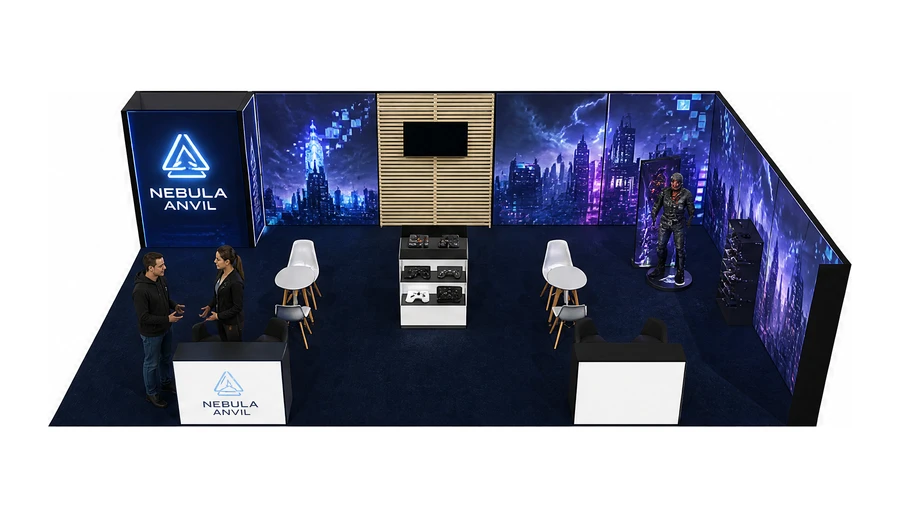 Stoisko 10 × 6 m narożne prawe dla branży gry wideo, przykładowa marka Nebula Anvil
