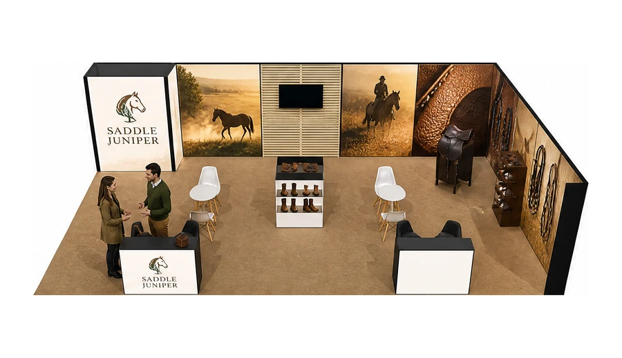 Stoisko 10 × 6 m narożne prawe dla branży jeździectwo, przykładowa marka Saddle Juniper