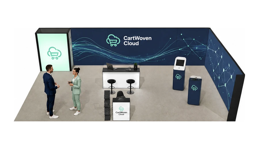 Stoisko 10 × 6 m narożne prawe dla branży e-commerce, przykładowa marka CartWoven Cloud