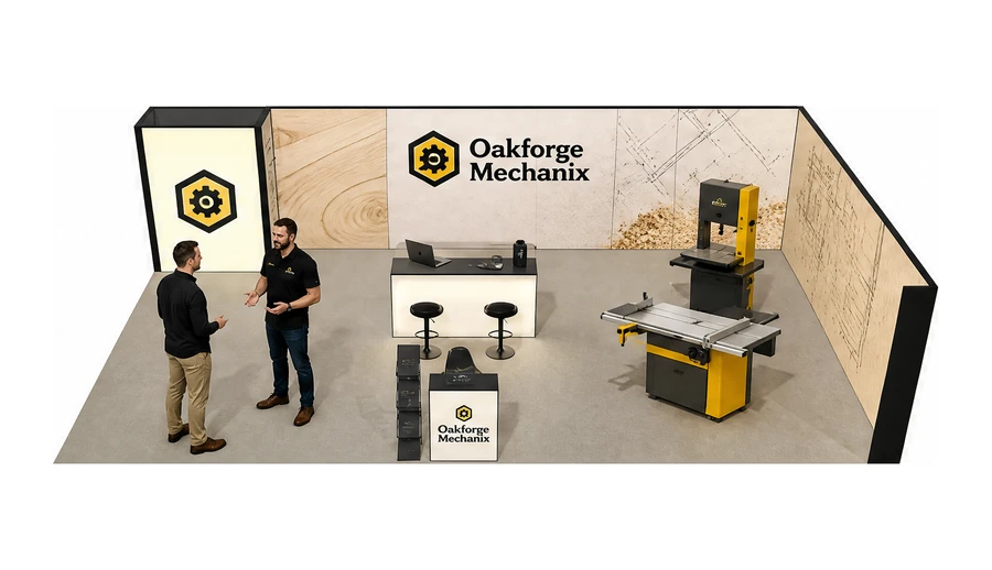 Stoisko 10 × 6 m narożne prawe dla branży maszyny do obróbki drewna, przykładowa marka Oakforge Mechanix