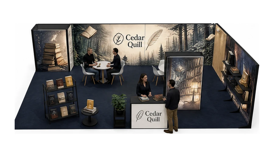 Stoisko 10 × 6 m narożne prawe dla branży wydawnictwa, przykładowa marka Cedar Quill