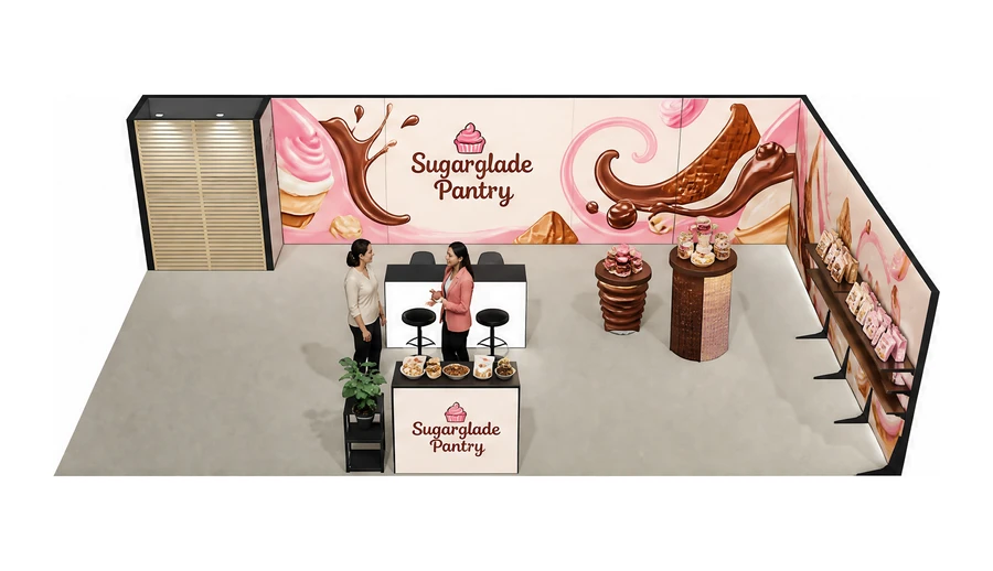 Stoisko 10 × 6 m narożne prawe dla branży słodycze i przekąski, przykładowa marka Sugarglade Pantry