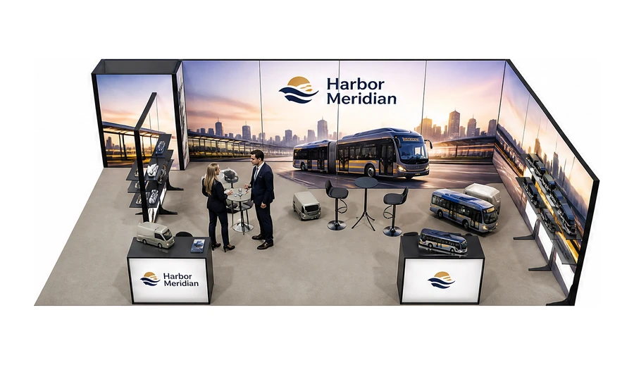 Stoisko 10 × 6 m narożne prawe dla branży autobusy i transport zbiorowy, przykładowa marka Harbor Meridian