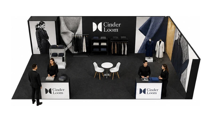 Stoisko 10 × 6 m narożne prawe dla branży odzież i moda, przykładowa marka Cinder Loom