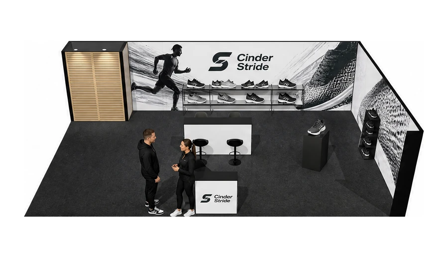 Stoisko 10 × 6 m narożne prawe dla branży obuwie, przykładowa marka Cinder Stride