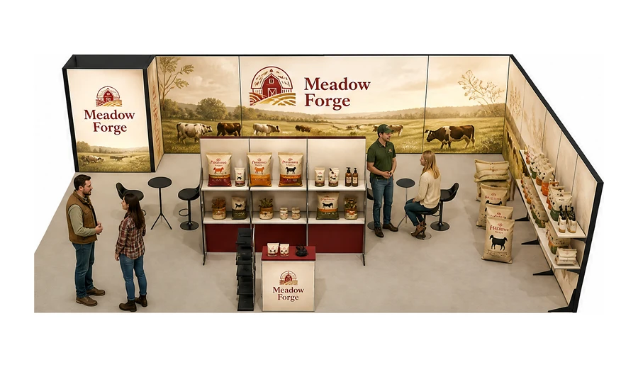 Stoisko 10 × 6 m narożne prawe dla branży hodowla i pasze, przykładowa marka Meadow Forge