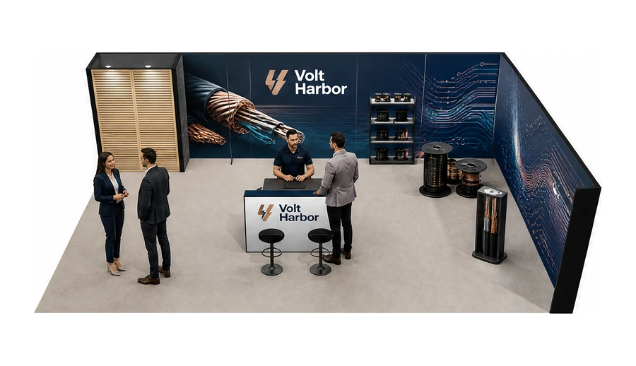 Stoisko 10 × 6 m narożne prawe dla branży kable i elektrotechnika, przykładowa marka Volt Harbor