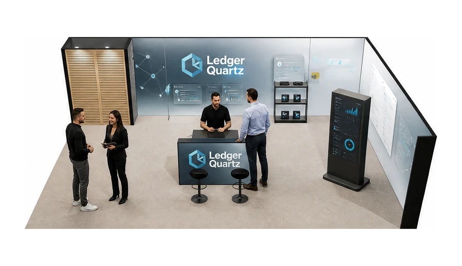 Stoisko 10 × 6 m narożne prawe dla branży oprogramowanie dla firm, przykładowa marka Ledger Quartz