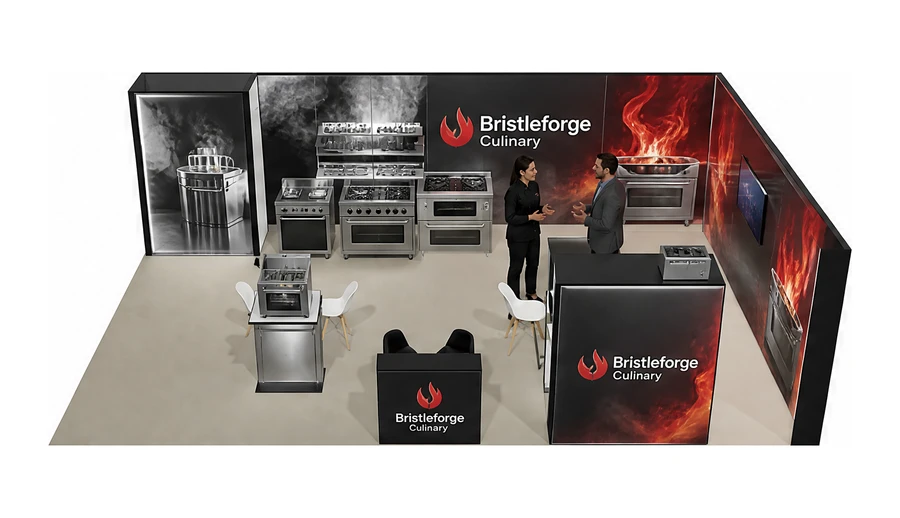Stoisko 10 × 6 m narożne prawe dla branży wyposażenie gastronomii, przykładowa marka Bristleforge Culinary