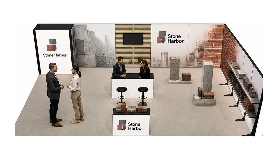 Stoisko 10 × 6 m narożne prawe dla branży materiały budowlane, przykładowa marka Stone Harbor