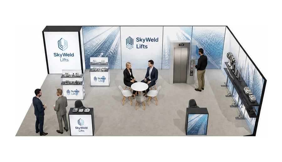 Stoisko 10 × 6 m narożne prawe dla branży dźwigi i windy, przykładowa marka SkyWeld Lifts