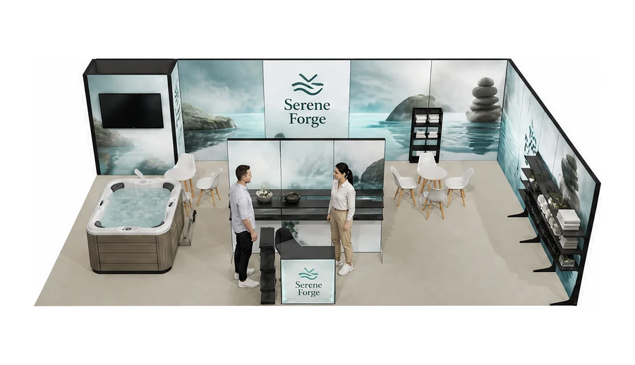 Stoisko 10 × 6 m narożne prawe dla branży spa i wellness, przykładowa marka Serene Forge