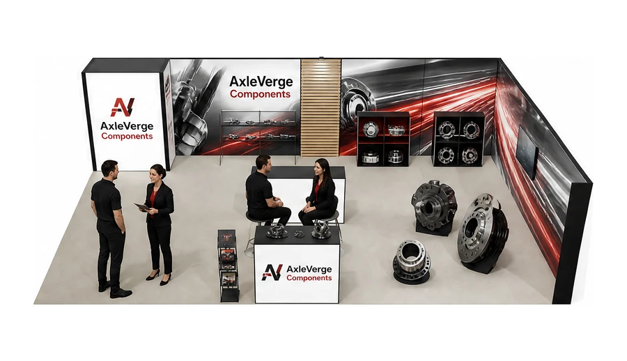 Stoisko 10 × 6 m narożne prawe dla branży części motoryzacyjne, przykładowa marka AxleVerge Components