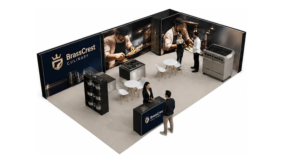 Stoisko 10 × 6 m narożne prawe dla branży wyposażenie gastronomii, przykładowa marka BrassCrest Culinary