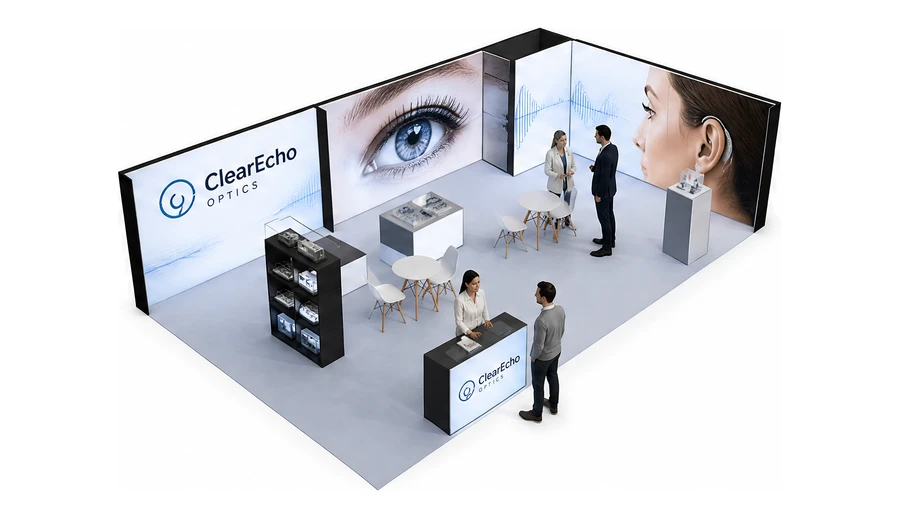 Stoisko 10 × 6 m narożne prawe dla branży optyka i audiologia, przykładowa marka ClearEcho Optics