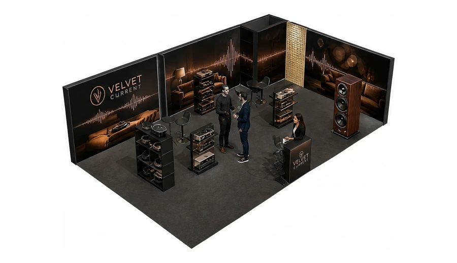 Stoisko 10 × 6 m narożne prawe dla branży sprzęt audio-video, przykładowa marka Velvet Current