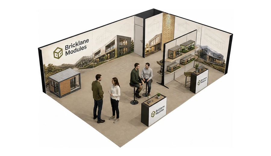 Stoisko 10 × 6 m narożne prawe dla branży domy modułowe i prefabrykacja, przykładowa marka Bricklane Modules