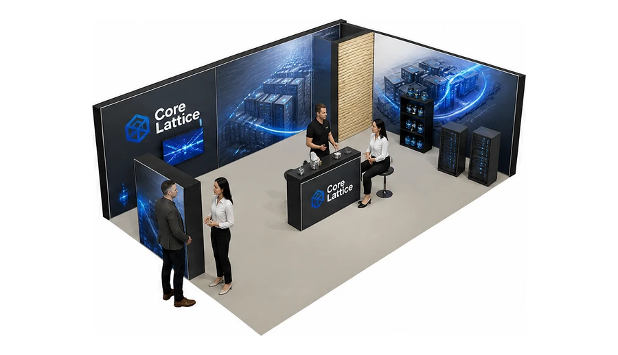 Stoisko 10 × 6 m narożne prawe dla branży infrastruktura IT i data center, przykładowa marka Core Lattice