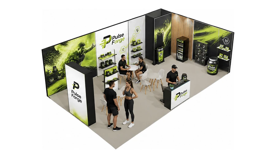 Stoisko 10 × 6 m narożne prawe dla branży suplementy diety, przykładowa marka Pulse Forge