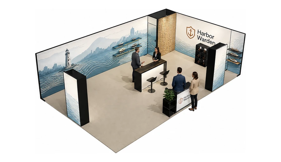 Stoisko 10 × 6 m narożne prawe dla branży ubezpieczenia, przykładowa marka Harbor Warden