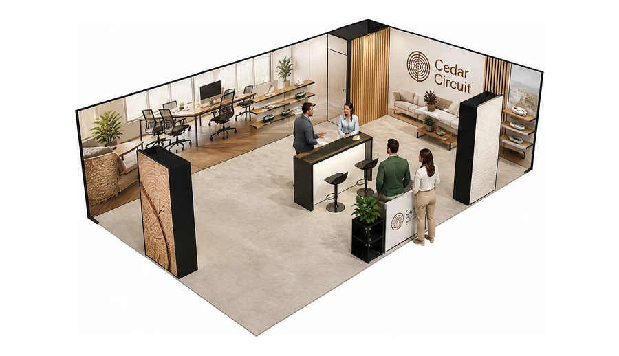 Stoisko 10 × 6 m narożne prawe dla branży meble biurowe, przykładowa marka Cedar Circuit