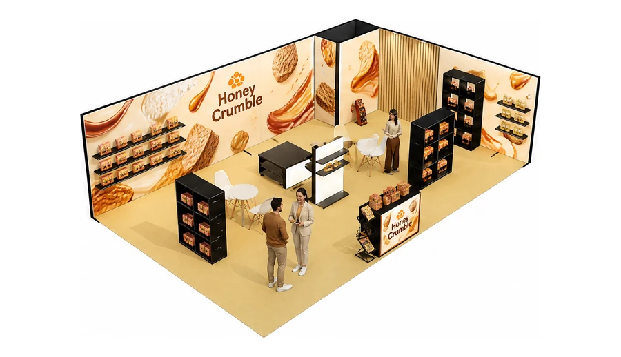 Stoisko 10 × 6 m narożne prawe dla branży słodycze i przekąski, przykładowa marka Honey Crumble