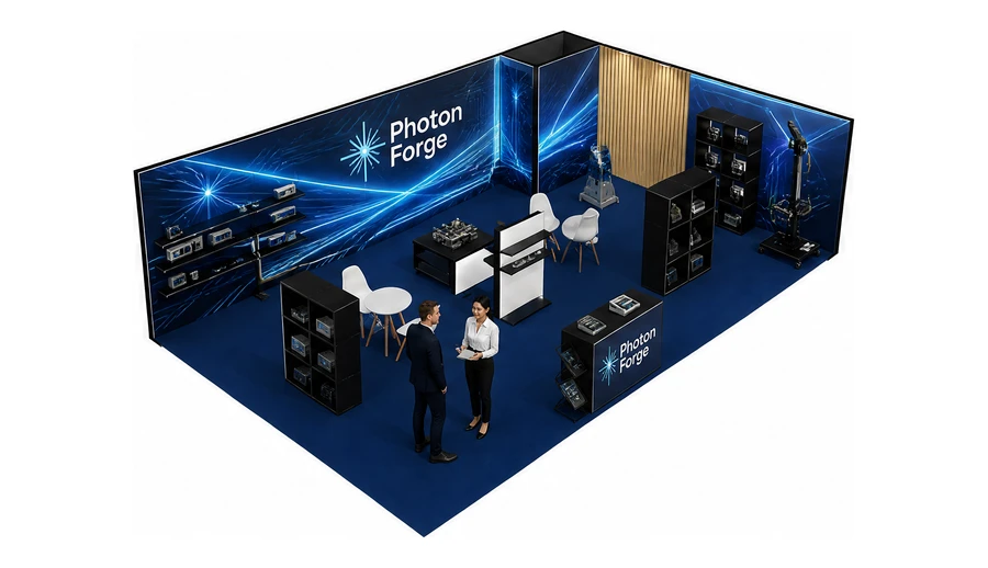 Stoisko 10 × 6 m narożne prawe dla branży technika laserowa i fotonika, przykładowa marka Photon Forge