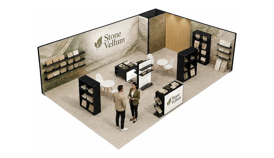 Stoisko 10 × 6 m narożne prawe dla branży wykończenie wnętrz, przykładowa marka Stone Vellum