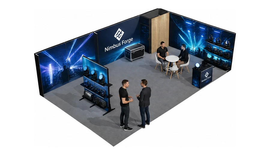 Stoisko 10 × 6 m narożne prawe dla branży branża eventowa, przykładowa marka Nimbus Forge