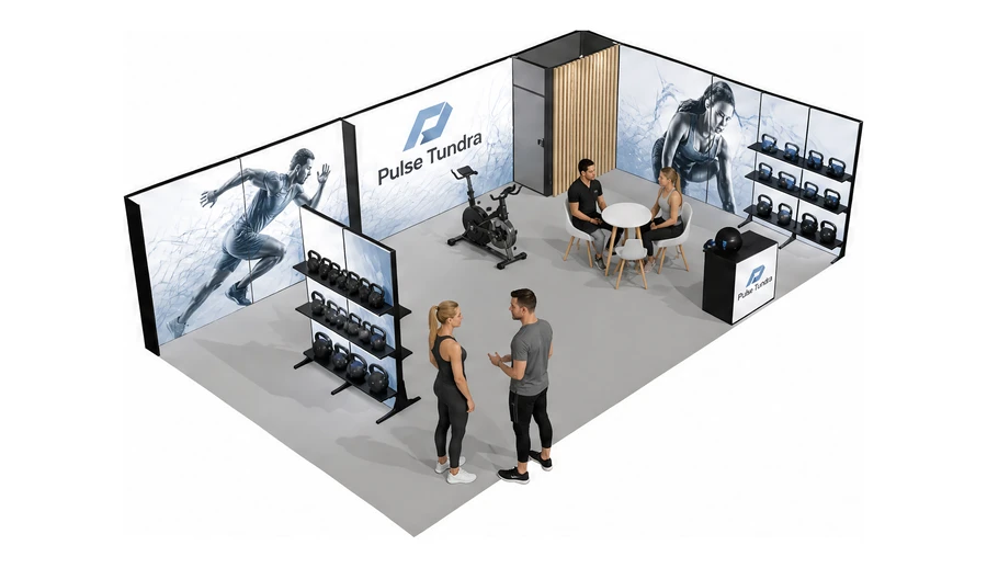 Stoisko 10 × 6 m narożne prawe dla branży fitness i siłownie, przykładowa marka Pulse Tundra