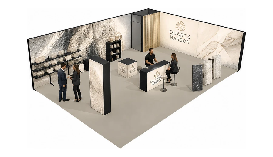 Stoisko 10 × 6 m narożne prawe dla branży kamień i kamieniarstwo, przykładowa marka Quartz Harbor