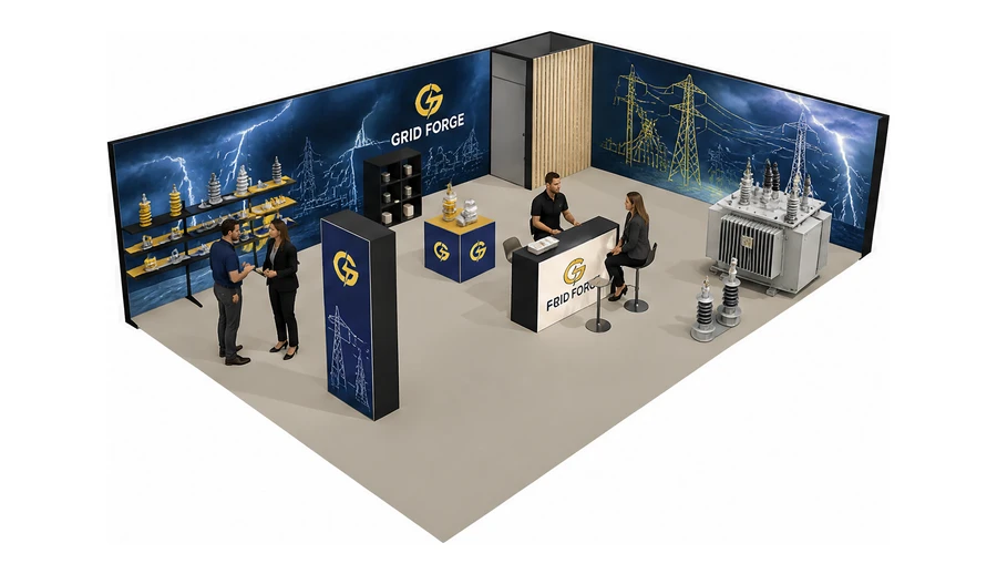 Stoisko 10 × 6 m narożne prawe dla branży energetyka i sieci, przykładowa marka Grid Forge