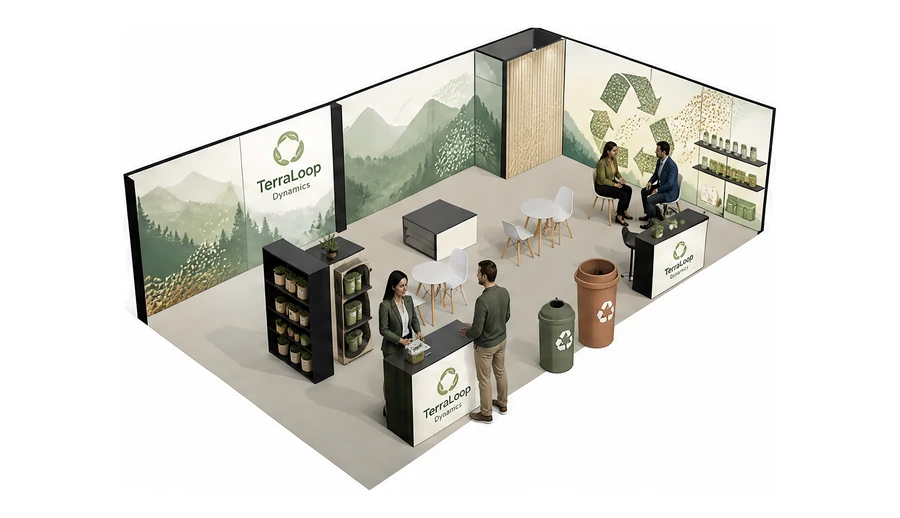 Stoisko 10 × 6 m narożne prawe dla branży recykling i ochrona środowiska, przykładowa marka TerraLoop Dynamics