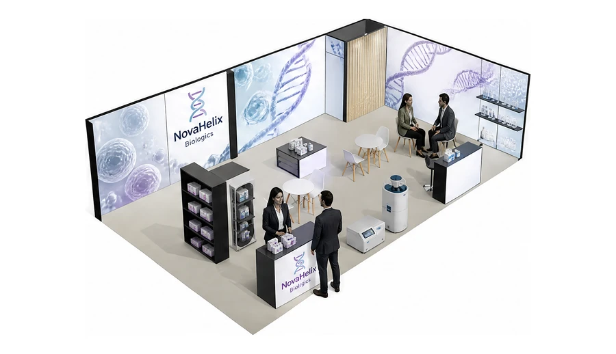 Stoisko 10 × 6 m narożne prawe dla branży farmacja i biotechnologia, przykładowa marka NovaHelix Biologics