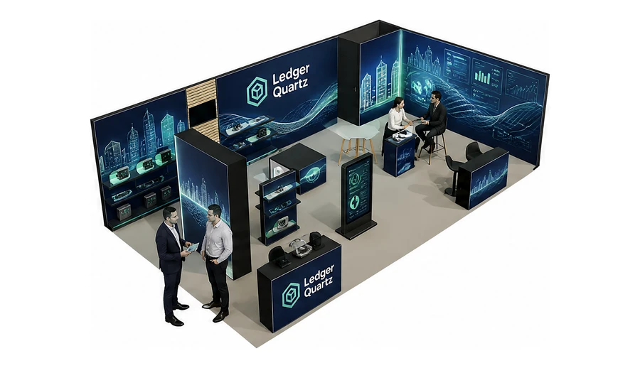 Stoisko 10 × 6 m narożne prawe dla branży oprogramowanie dla firm, przykładowa marka Ledger Quartz