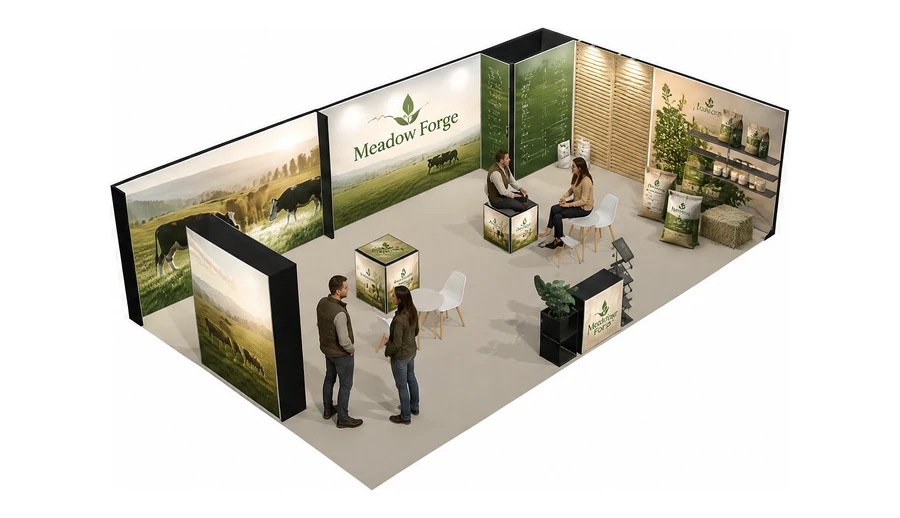 Stoisko 10 × 6 m narożne prawe dla branży hodowla i pasze, przykładowa marka Meadow Forge