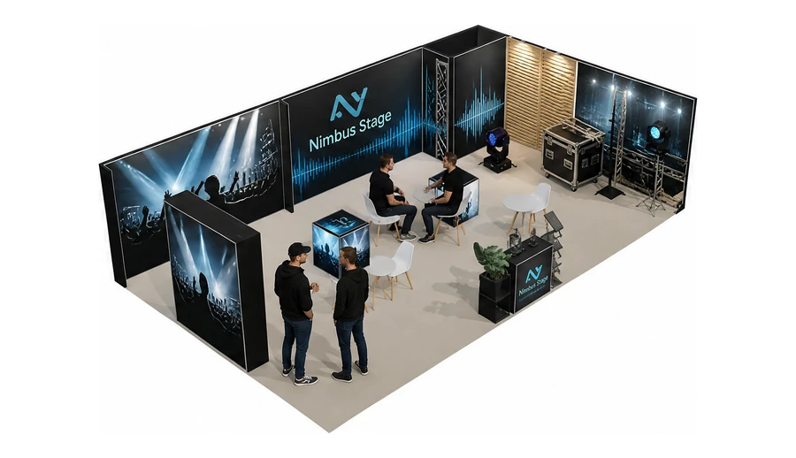 Stoisko 10 × 6 m narożne prawe dla branży branża eventowa, przykładowa marka Nimbus Stage