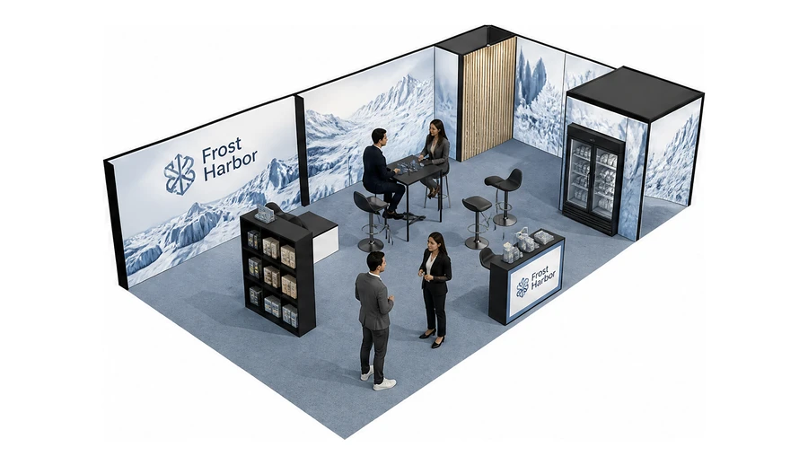 Stoisko 10 × 6 m narożne prawe dla branży łańcuch chłodniczy, przykładowa marka Frost Harbor