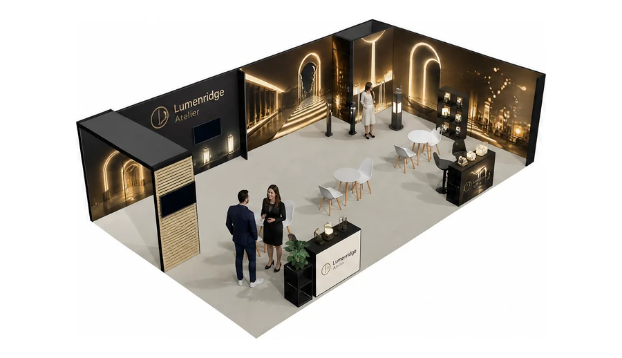 Stoisko 10 × 6 m narożne prawe dla branży oświetlenie, przykładowa marka Lumenridge Atelier