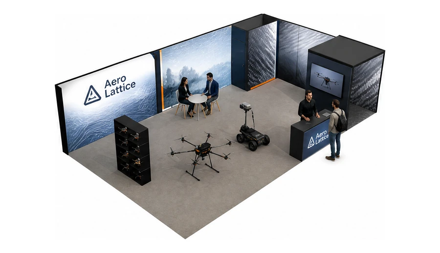 Stoisko 10 × 6 m narożne prawe dla branży drony i robotyka, przykładowa marka Aero Lattice